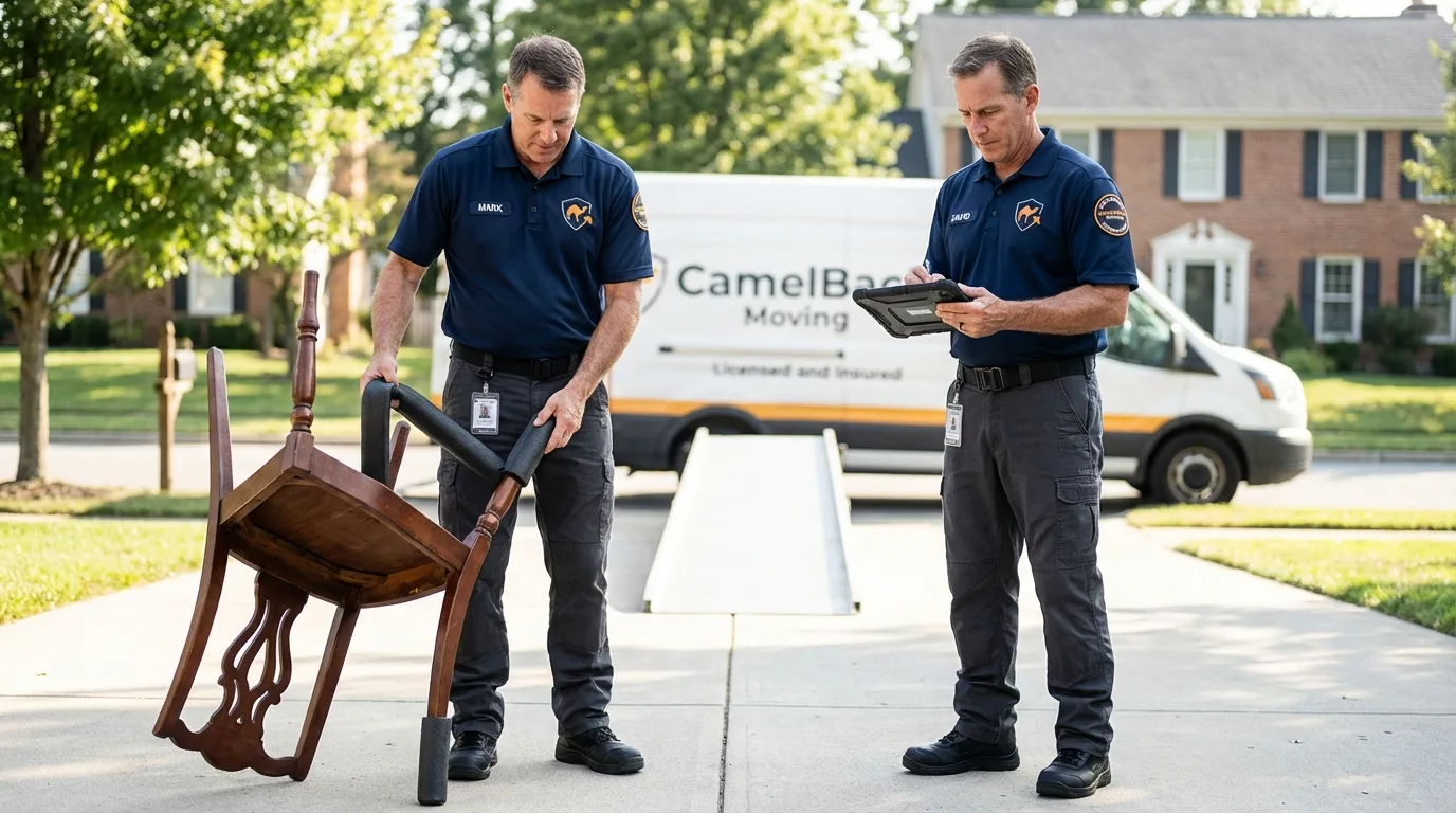 Movers inspecting furniture for damage prevention before loading in Summerdale, AL