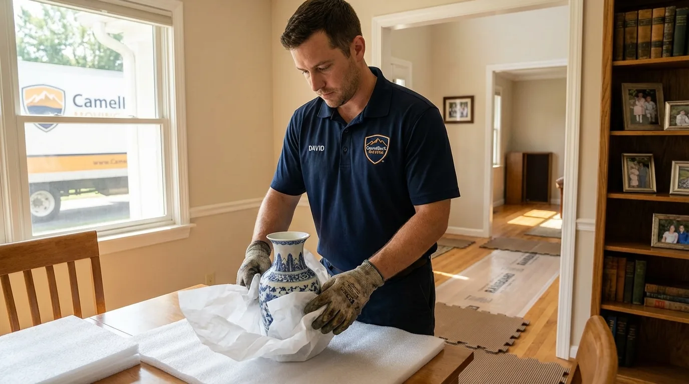 Professional crew carefully wrapping antique vase for senior downsizing move in Summerdale, AL